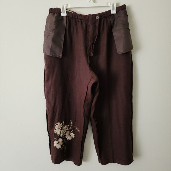 NWT JM Collection Limoncello Linen Crop Pants Brown Embroidered Wide-Leg Size 18 - Picture 4 of 9